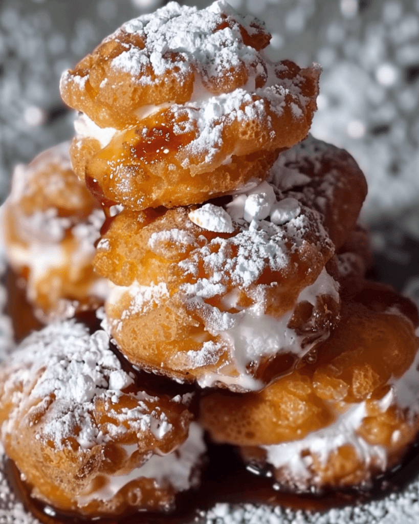 A close-up of deep-fried marshmallows, golden and crispy, filled with gooey marshmallow, drizzled with syrup, and dusted with powdered sugar.