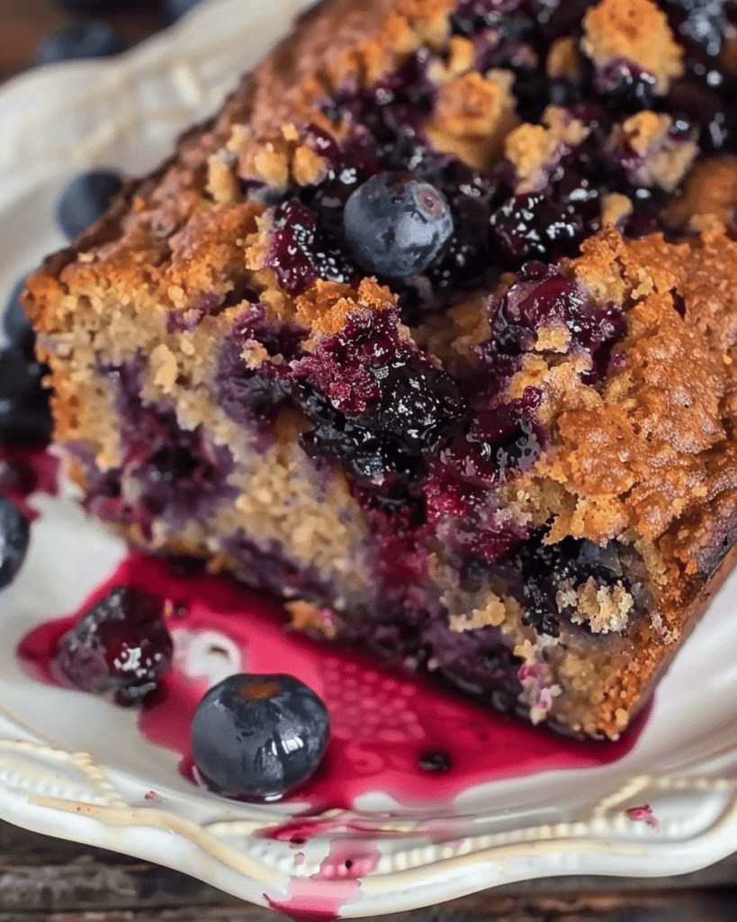 Close-up of a moist blueberry banana bread slice with juicy blueberries and a golden-brown crust, served on a plate with blueberry syrup.