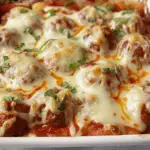 Baked meatballs in marinara sauce topped with melted mozzarella and fresh basil in a white casserole dish.