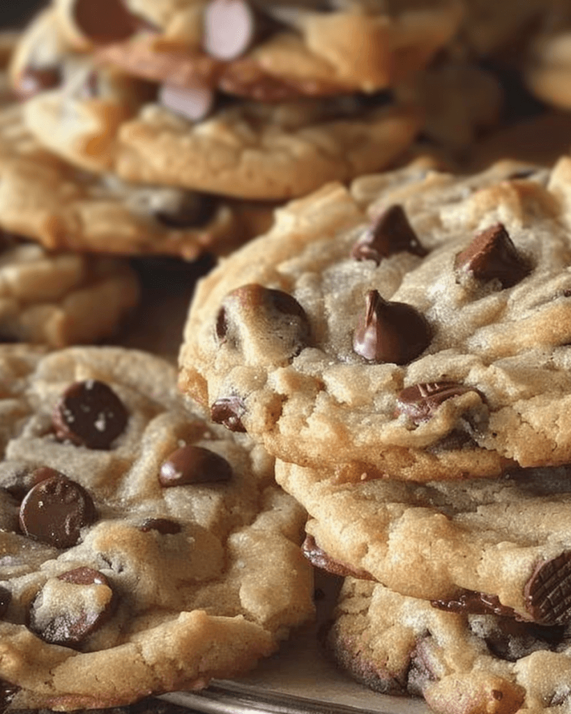 A close-up of freshly baked cream cheese chocolate chip cookies with a golden-brown texture and gooey chocolate chips.