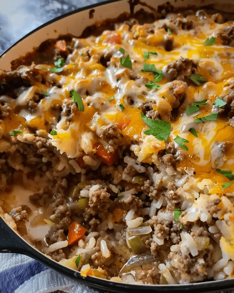 A hearty French onion ground beef and rice casserole with melted cheese, sautéed vegetables, and fresh parsley in a baking dish.