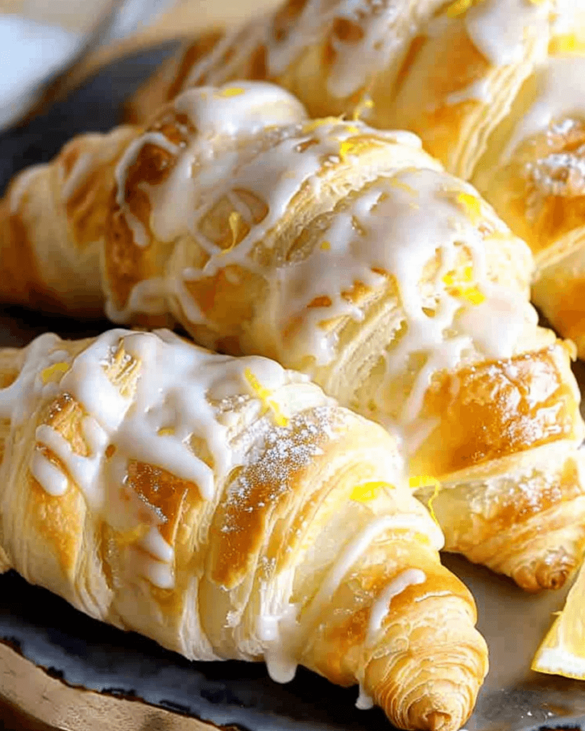 Warm, flaky crescent rolls filled with creamy lemon cheesecake and drizzled with sweet citrus glaze.