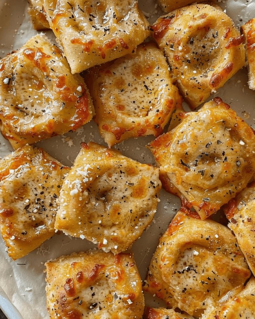 A close-up of golden-brown Parmesan garlic pizza rolls, baked to perfection with melted cheese, herbs, and a crispy crust.