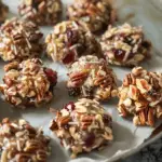 close-up of no-bake cranberry pecan praline clusters on a parchment-lined plate. The clusters are coated in glossy caramel and packed with crunchy pecans, tart cranberries, and slivered almonds.