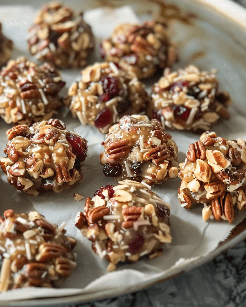 close-up of no-bake cranberry pecan praline clusters on a parchment-lined plate. The clusters are coated in glossy caramel and packed with crunchy pecans, tart cranberries, and slivered almonds.