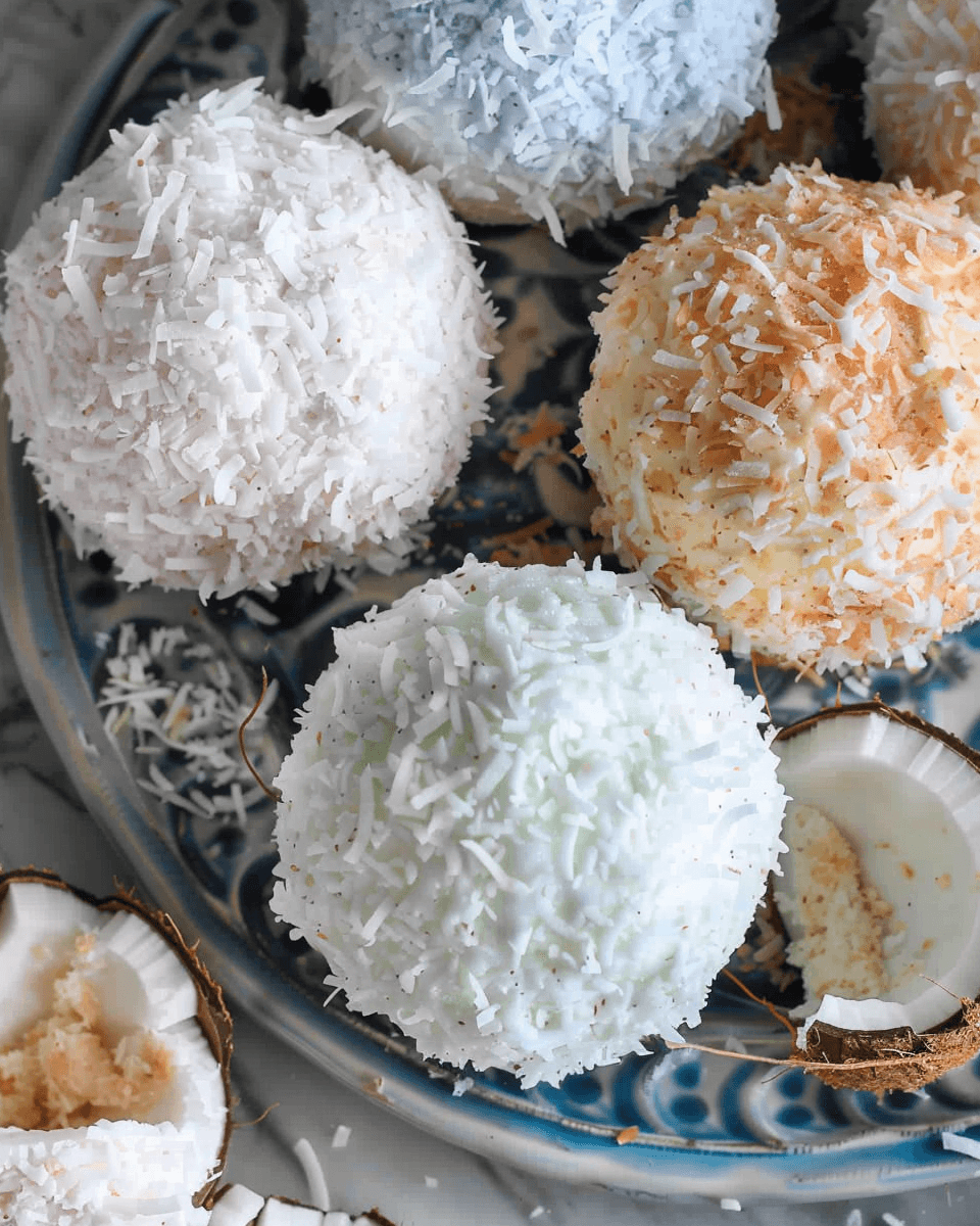 Close-up of Easter Bunny Coconut Tails, soft and fluffy coconut-covered treats in pastel colors, served on a decorative blue plate with coconut shells