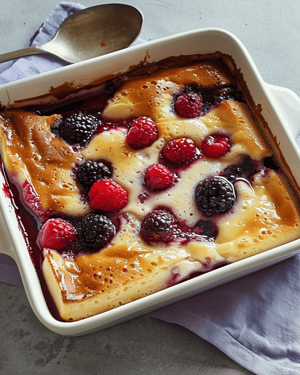 A golden-brown breakfast berry yogurt bake topped with fresh mixed berries, served in a baking dish.