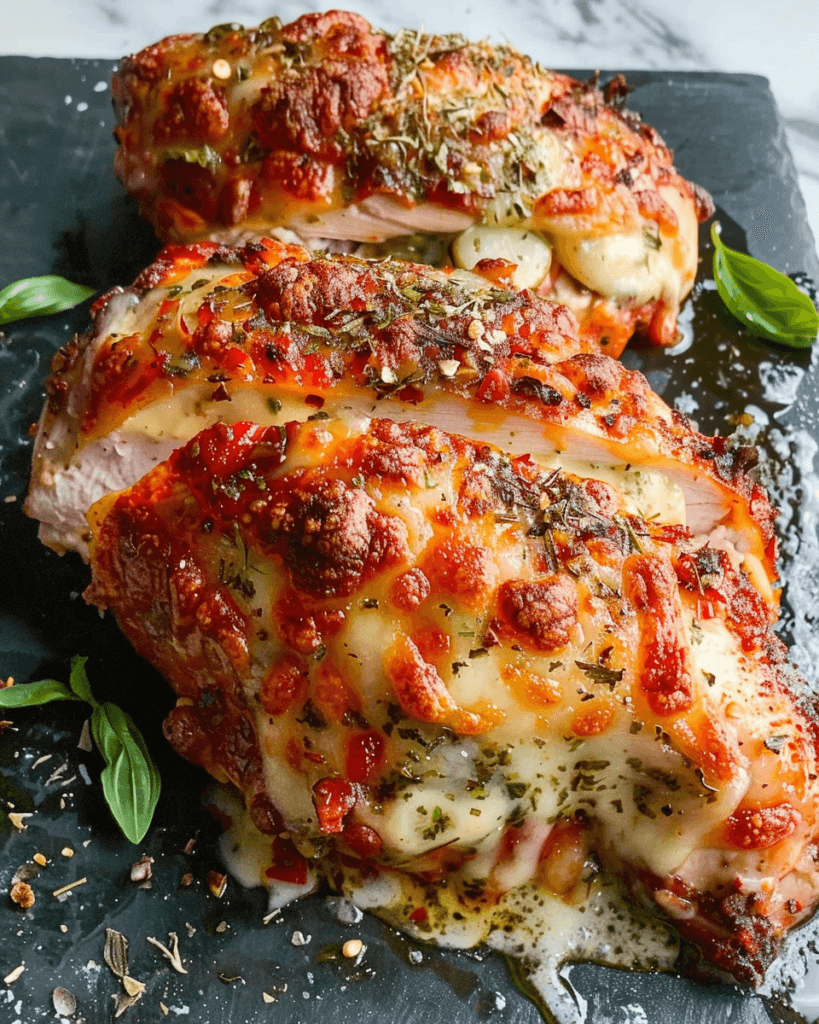 A close-up of two cheesy, golden-brown pizza-stuffed chicken breasts on a black slate plate, garnished with herbs and basil.