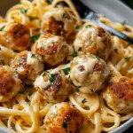 A plate of garlic butter chicken balls served over creamy Parmesan pasta, garnished with fresh parsley.