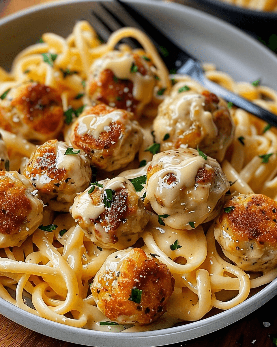 A plate of garlic butter chicken balls served over creamy Parmesan pasta, garnished with fresh parsley.