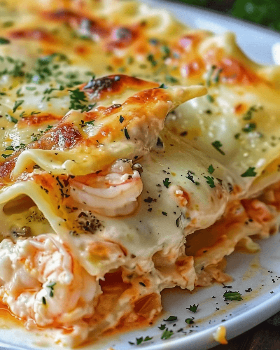 A rich and creamy Garlic Butter Shrimp Scampi Lasagna, layered with succulent shrimp, gooey melted cheese, and a golden, bubbly top.