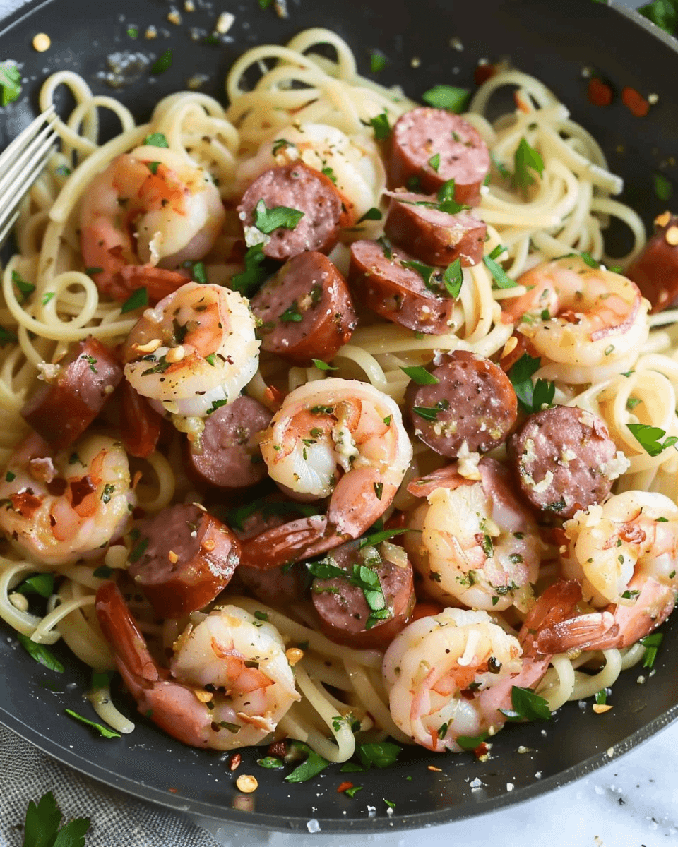 A skillet filled with Garlic Butter Shrimp and Sausage Pasta, featuring juicy shrimp, smoky sausage, and spaghetti garnished with fresh parsley and chili flakes.