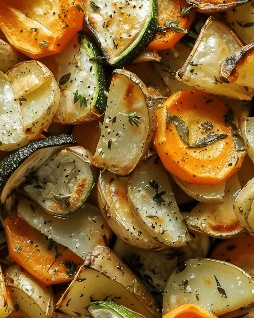 A close-up of garlic herb roasted potatoes, carrots, and zucchini, perfectly golden and seasoned with fresh herbs.