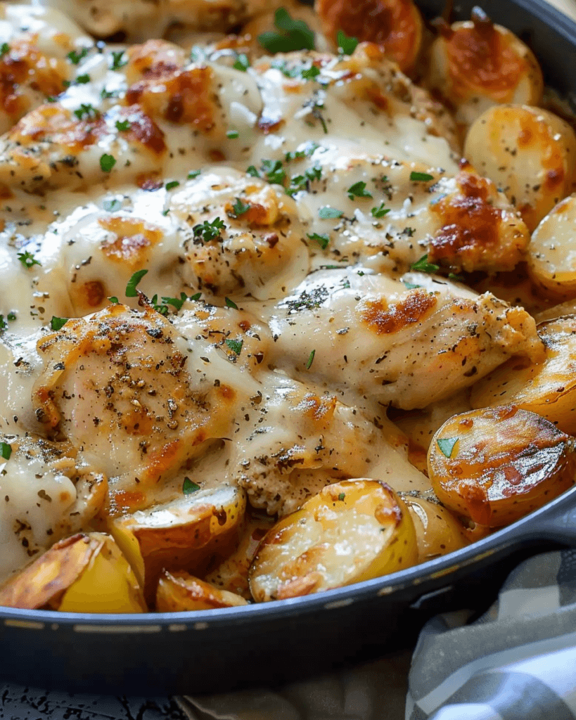 A skillet filled with golden roasted potatoes and tender garlic Parmesan chicken, smothered in melted cheese and garnished with fresh herbs.