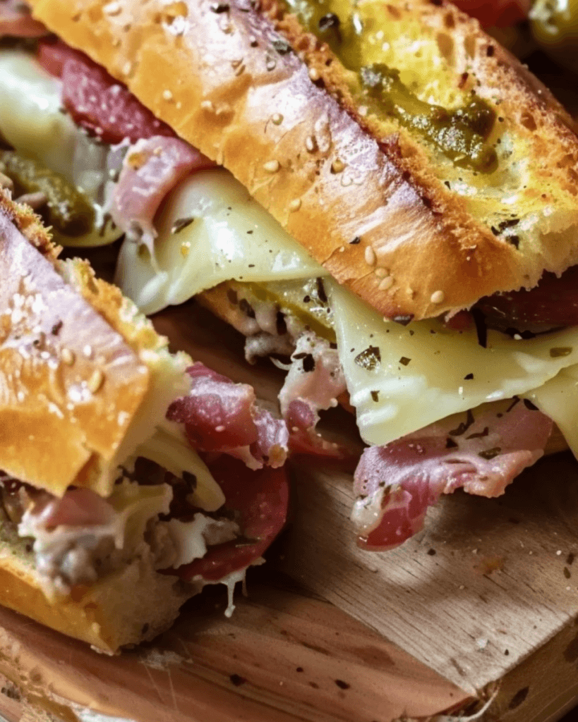 A close-up of a Giant Muffaletta Italian Sandwich with layers of meats, cheese, and olive spread on a sesame-crusted baguette.