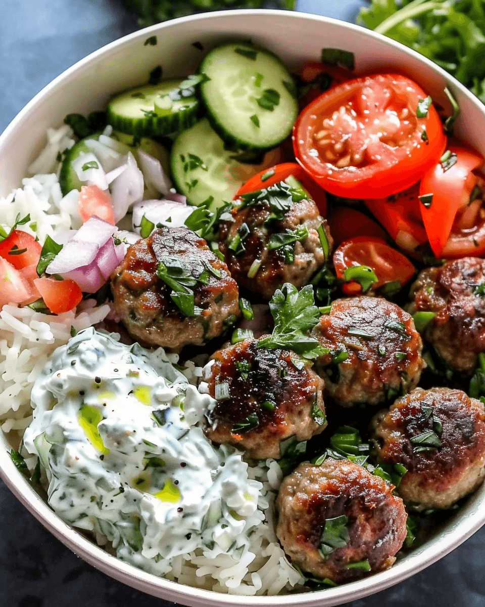 A Greek meatball bowl with tzatziki, rice, and fresh vegetables, garnished with parsley.