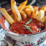 Close-up of a bowl of homemade ketchup with crispy golden fries, garnished with fresh rosemary, served in a decorative floral-patterned bowl.