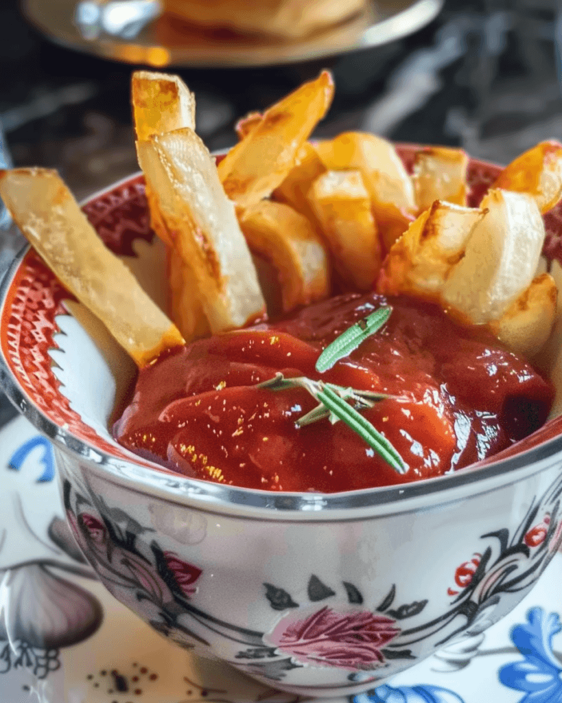 Close-up of a bowl of homemade ketchup with crispy golden fries, garnished with fresh rosemary, served in a decorative floral-patterned bowl.