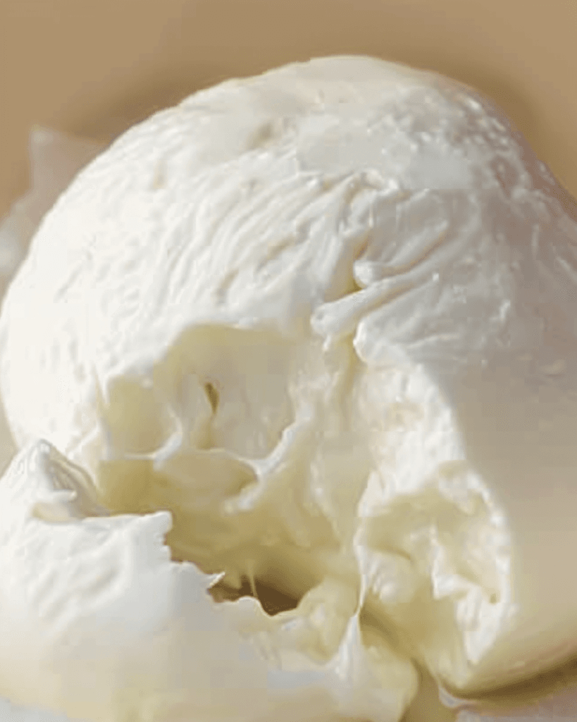 A close-up of freshly made homemade mozzarella cheese, showcasing its soft, smooth, and slightly stretchy texture.