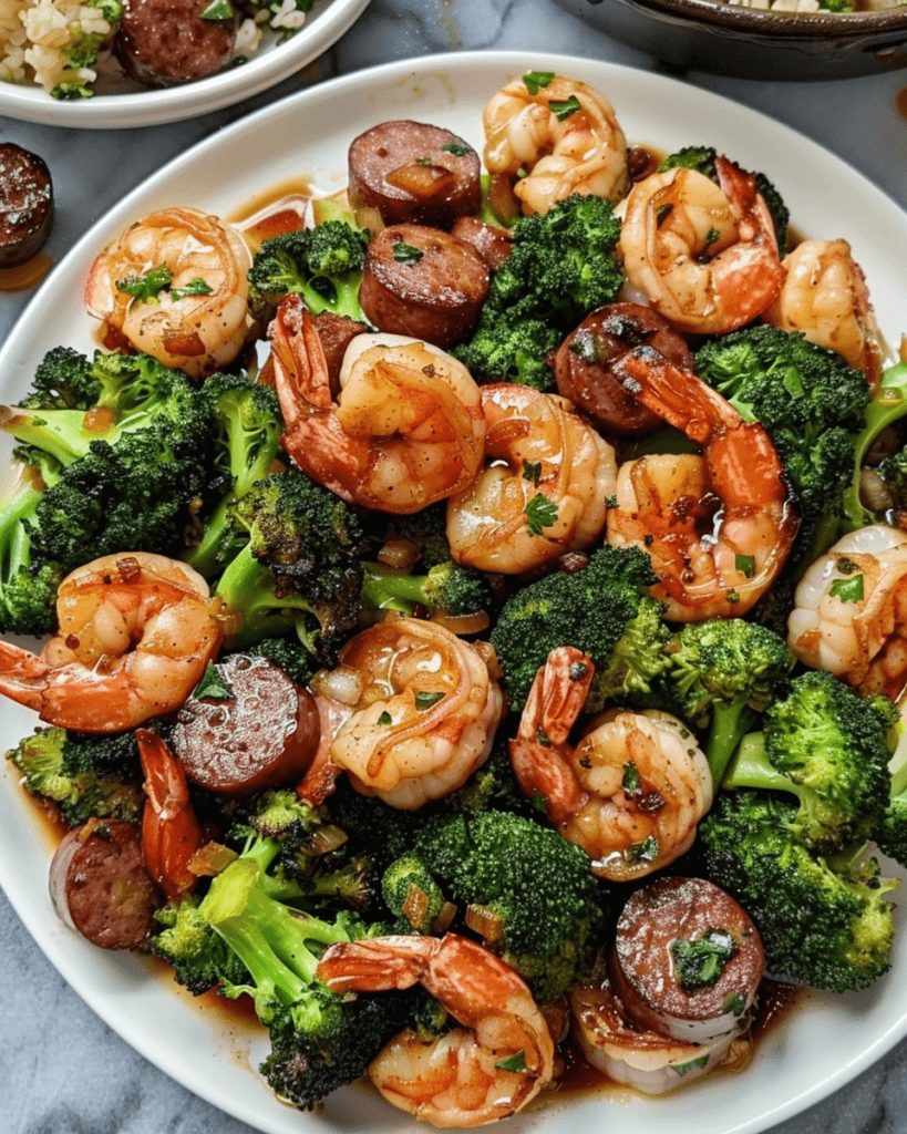 A plate of honey garlic shrimp and sausage with broccoli, garnished with fresh herbs and coated in a flavorful sauce.