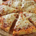 A freshly baked cheesy pizza pie with golden, bubbly mozzarella, sliced into pieces on a wooden cutting board.