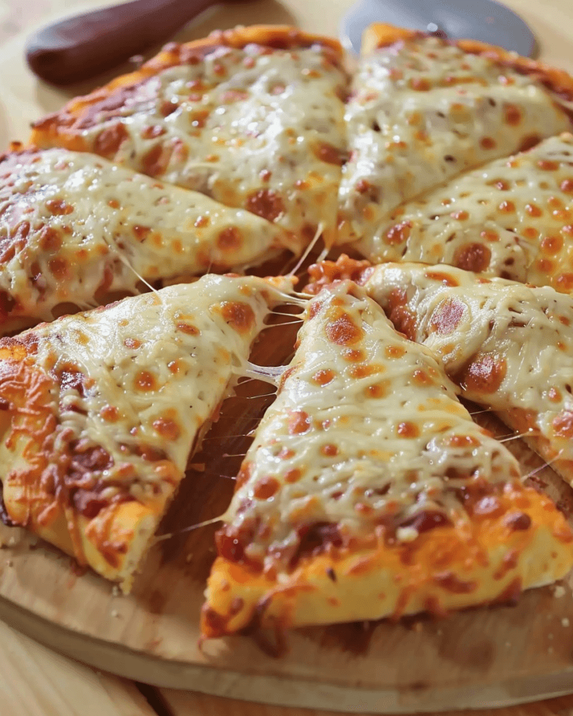 A freshly baked cheesy pizza pie with golden, bubbly mozzarella, sliced into pieces on a wooden cutting board.
