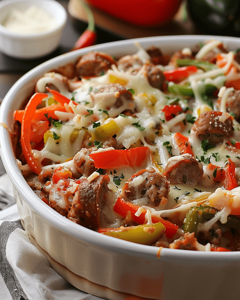 A hearty Italian sausage and pepper casserole in a white dish, filled with sliced sausages, colorful bell peppers, and melted mozzarella cheese, garnished with fresh herbs.
