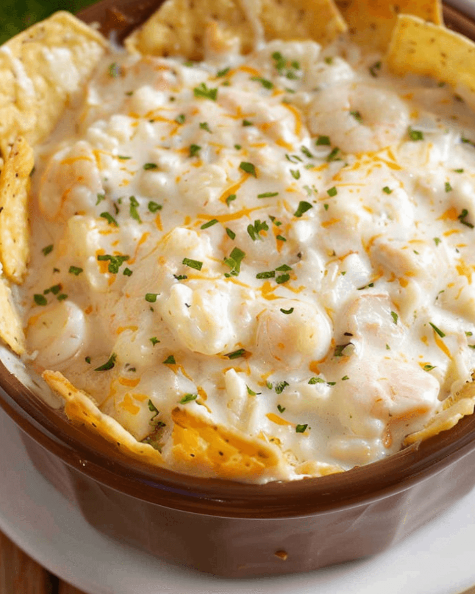A creamy, cheesy crab dip served in a brown ceramic bowl, garnished with herbs and surrounded by crispy tortilla chips.