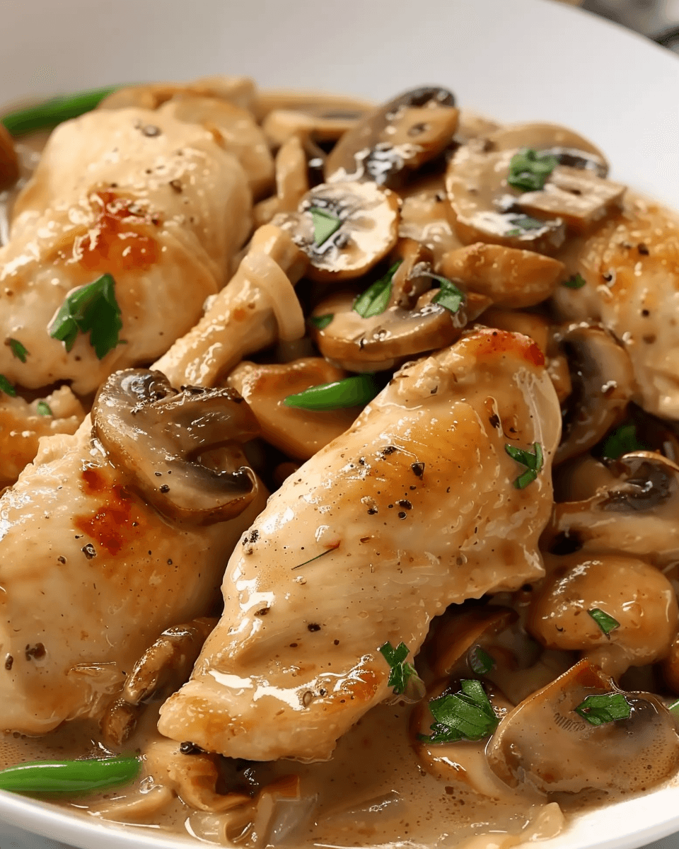 A plate of juicy, golden-browned chicken breasts smothered in a creamy mushroom sauce, garnished with fresh parsley and served with green beans.