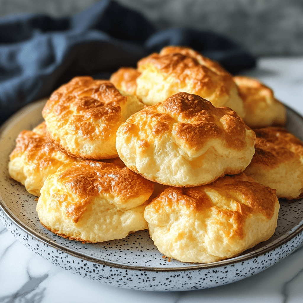 A plate of golden, fluffy keto cloud bread made with cottage cheese, perfect for a low-carb snack or sandwich alternative.