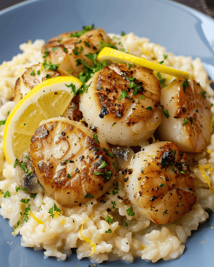 Seared lemon butter scallops served over creamy parmesan risotto, garnished with fresh parsley and lemon slices.