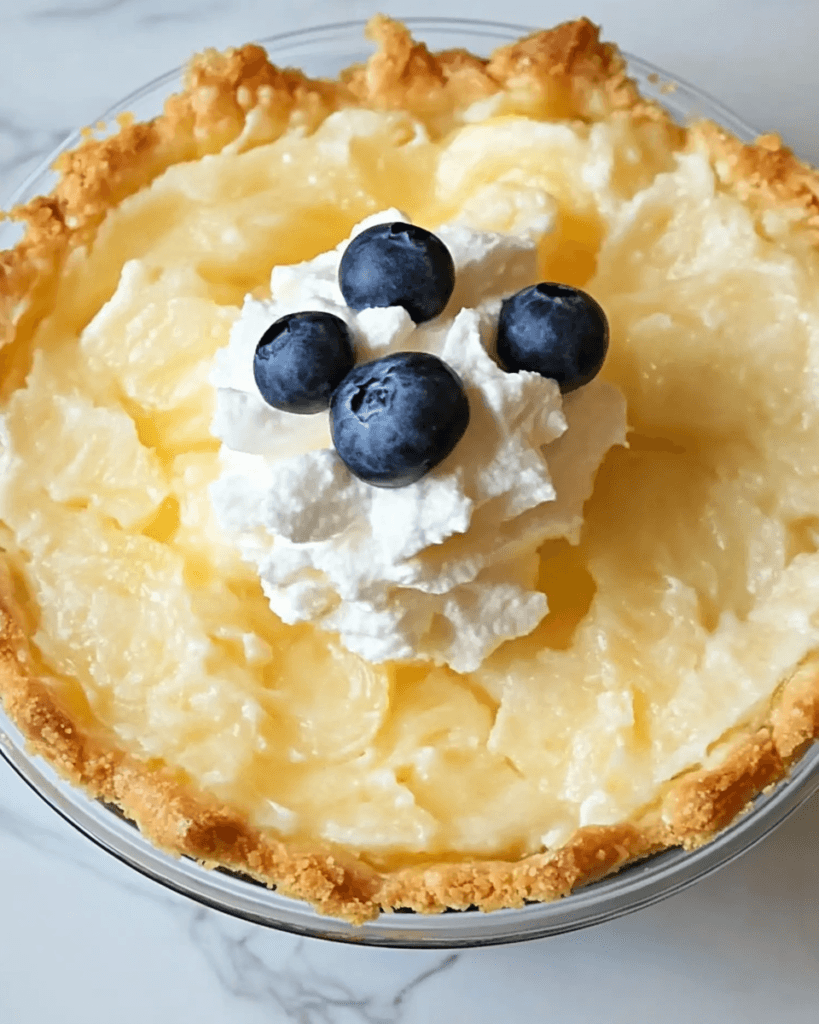 A creamy Lemon Impossible Pie with a golden crust, topped with whipped cream and fresh blueberries.