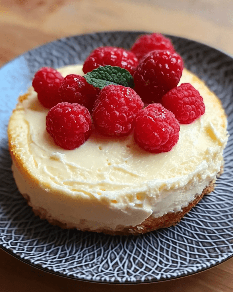 A delicate 3-ingredient yogurt cake with a golden crust, topped with fresh raspberries and a mint leaf, served on a patterned plate.