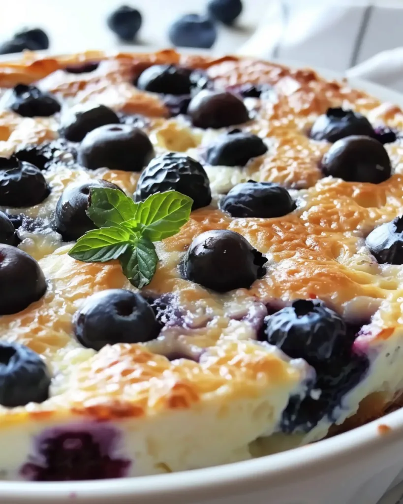 A lovely Blueberry Cottage Cheese Breakfast Bake with
              a golden, creamy texture, bursting with juicy blueberries
              and garnished with fresh mint.