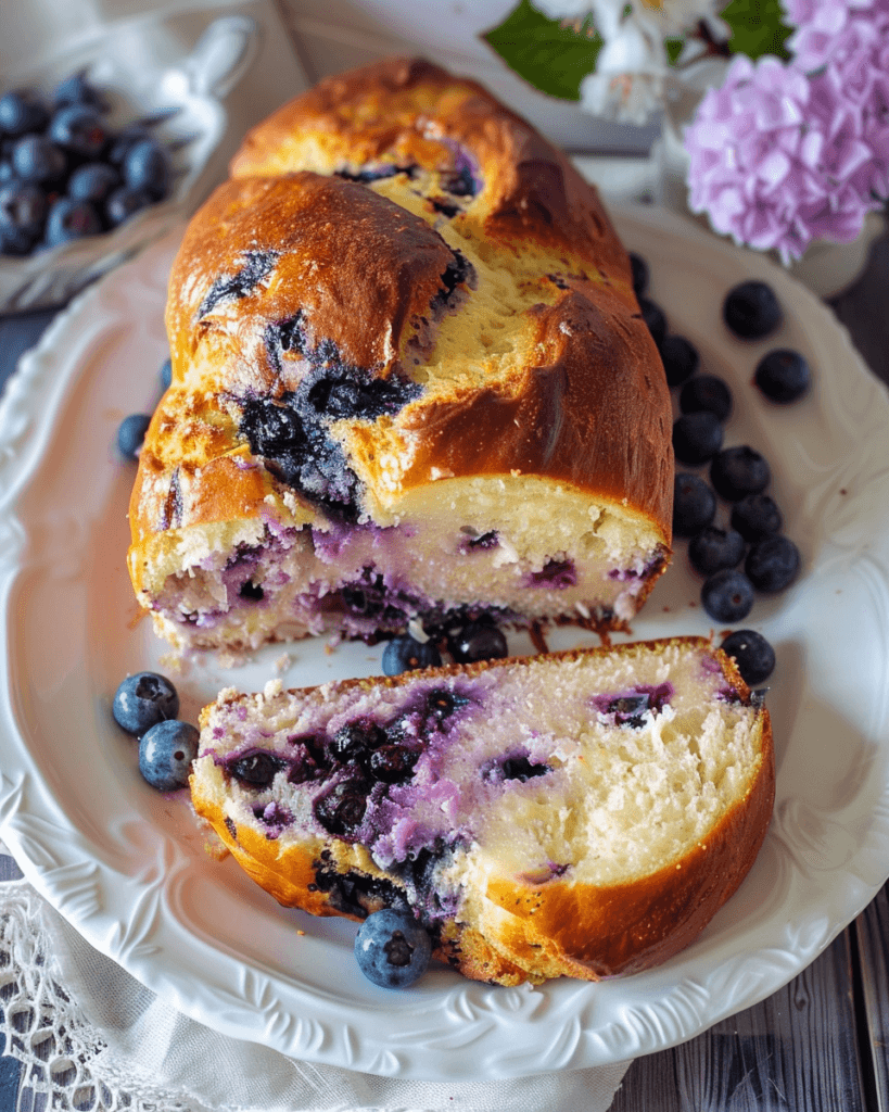 A freshly baked blueberry cream cheese bread with a golden crust, bursting with juicy blueberries and a soft, moist interior.