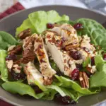 Lovely Cranberry Chicken Salad with tender chicken slices, dried cranberries, crunchy pecans, and fresh greens, drizzled with a light vinaigrette.