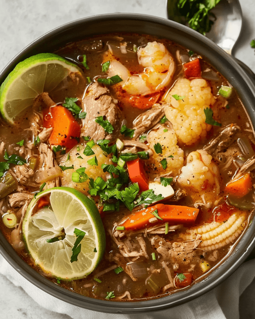 A hearty bowl of Caldo de Res filled with tender beef, shrimp, fresh vegetables, and garnished with lime and cilantro.