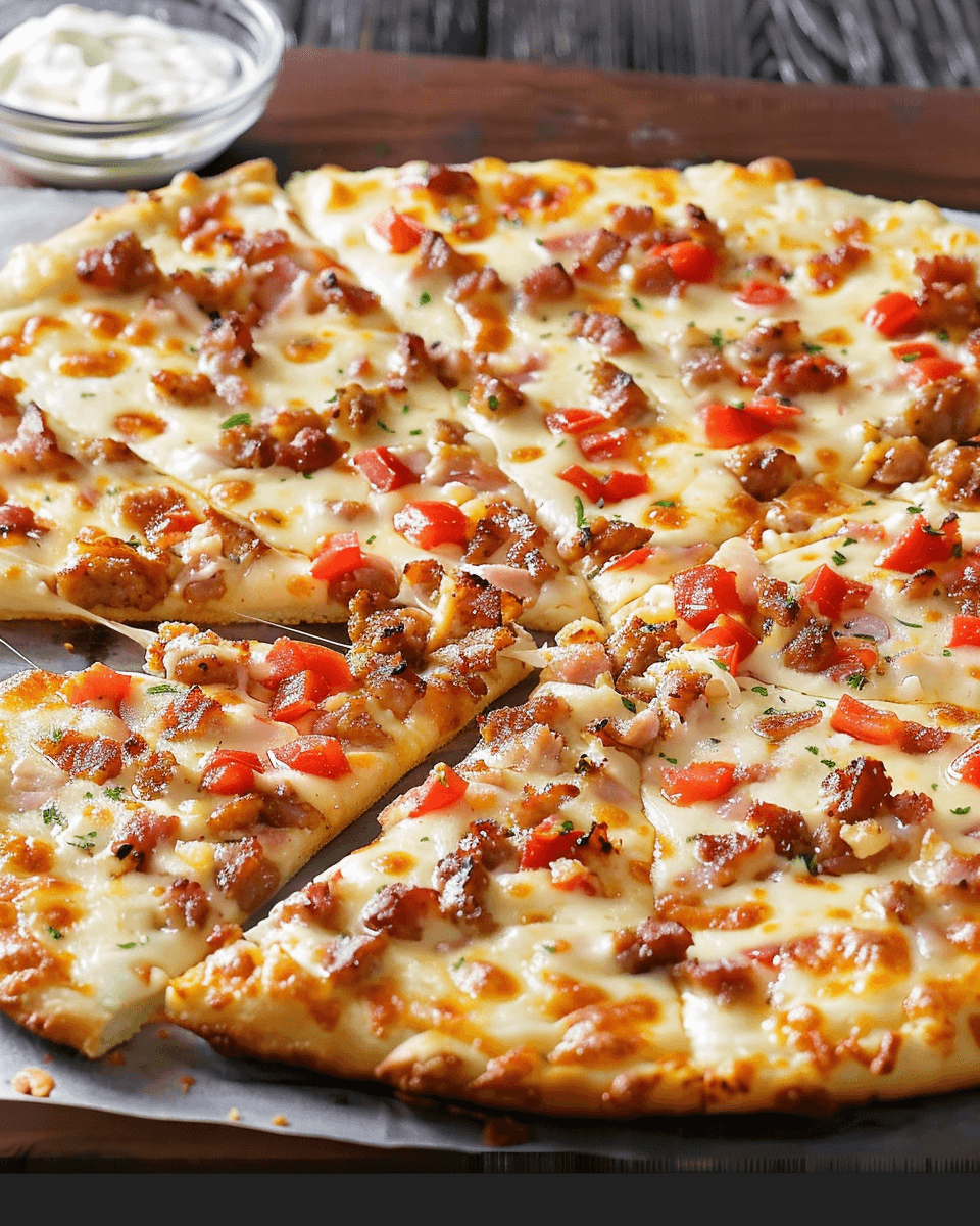 A delicious Lovely Carnivore Breakfast Pizza with a crispy crust, melted cheese, seasoned sausage, and diced red peppers.