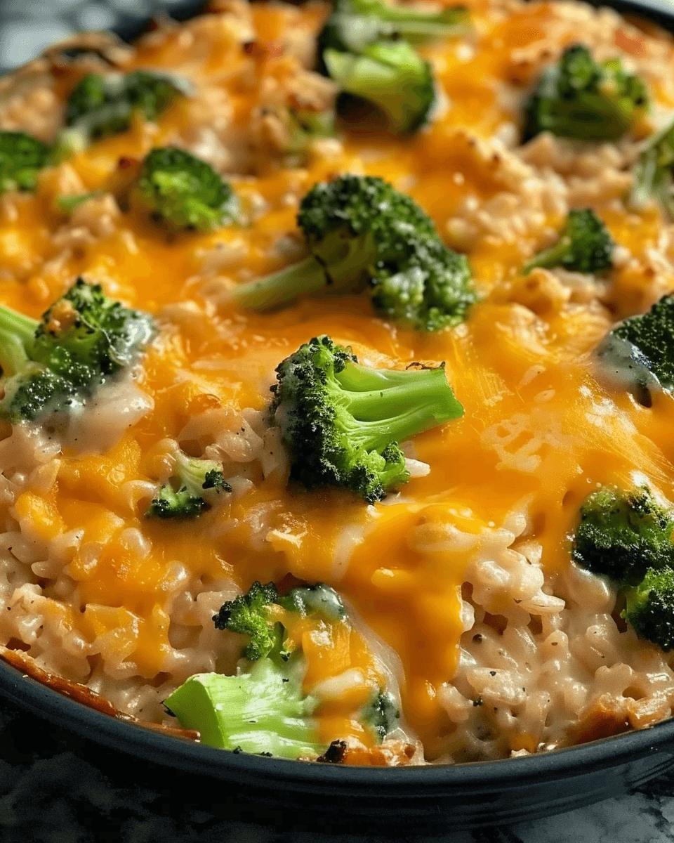 A delicious, golden-baked cheesy broccoli rice casserole with melted cheddar cheese, tender broccoli, and creamy rice in a black dish.
