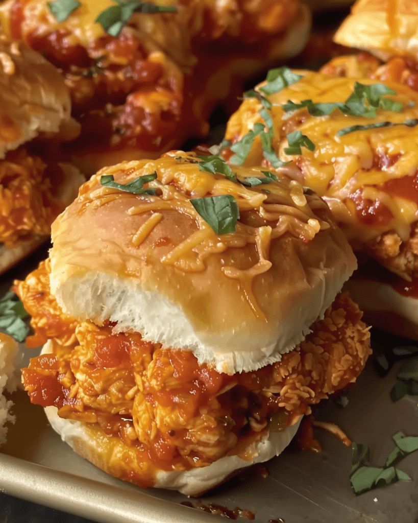 Cheesy marinara chicken sliders with crispy chicken, marinara sauce, and melted cheese on soft Hawaiian rolls, garnished with fresh basil.