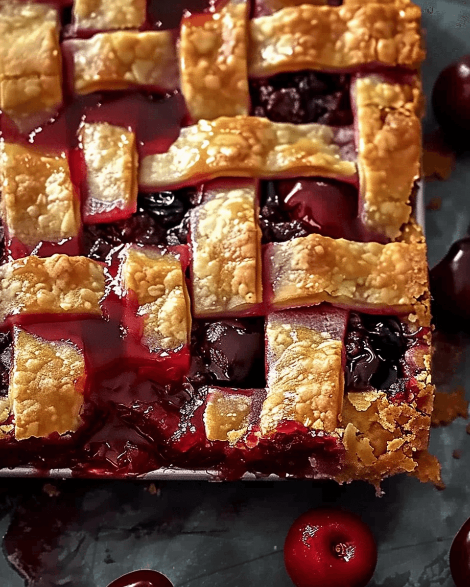 A freshly baked tray of lovely Cherry Pie Bars with a golden, flaky lattice crust and rich, juicy cherry filling oozing through the layers.
