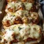 Chicken Alfredo garlic bread topped with creamy Alfredo chicken, marinara sauce, melted mozzarella, and fresh herbs on toasted bread.