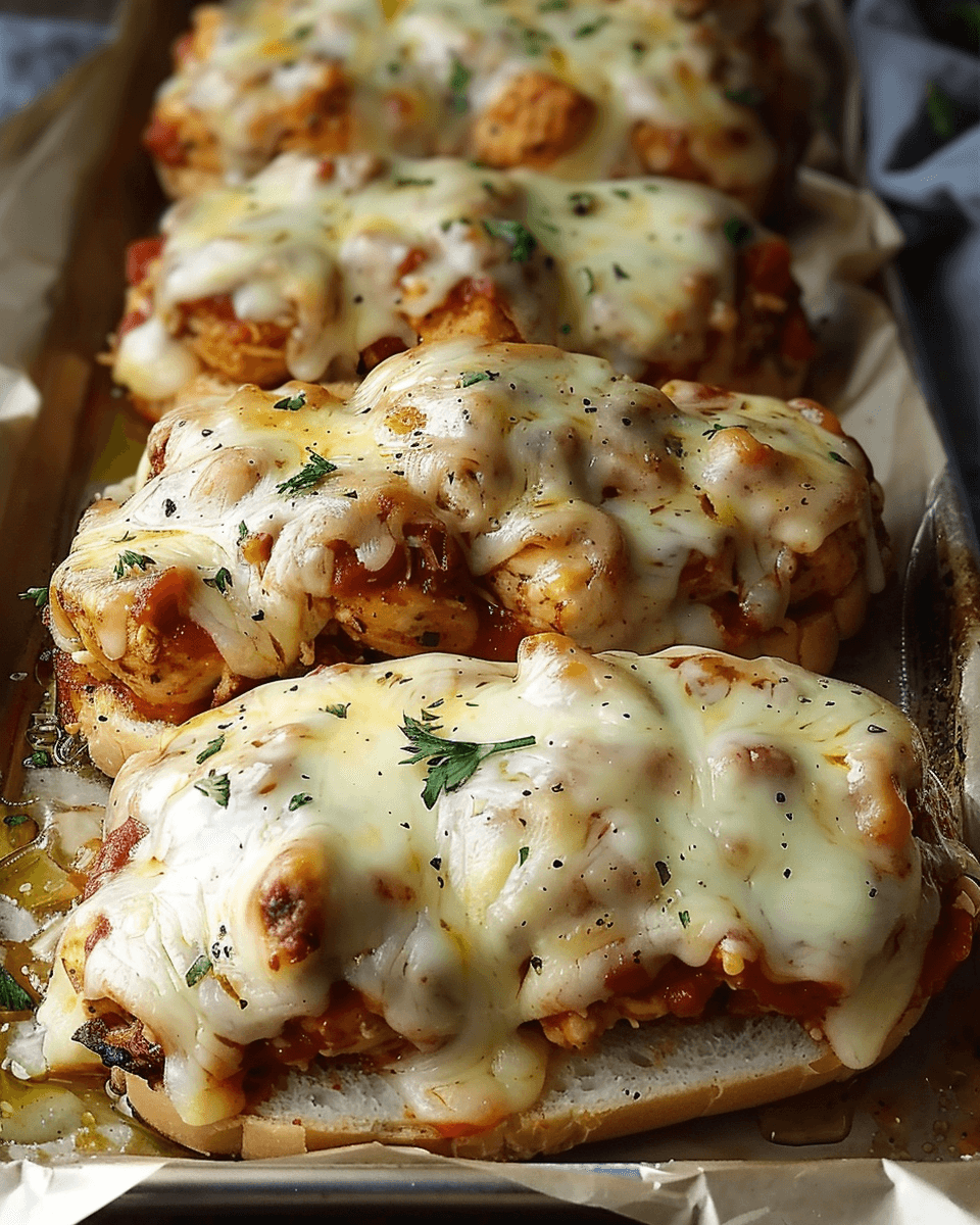 Chicken Alfredo garlic bread topped with creamy Alfredo chicken, marinara sauce, melted mozzarella, and fresh herbs on toasted bread.