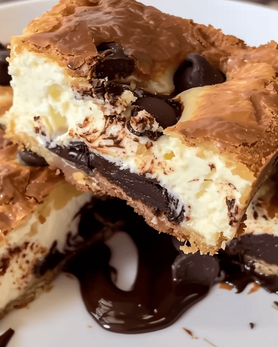 Gooey Chocolate Chip Cheesecake Bars with layers of creamy cheesecake, rich chocolate ganache, and a golden, flaky cookie topping.