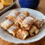 A plate of lovely Cinnamon Roll French Toast Roll-Ups, filled with creamy filling, dusted with powdered sugar, and drizzled with syrup.