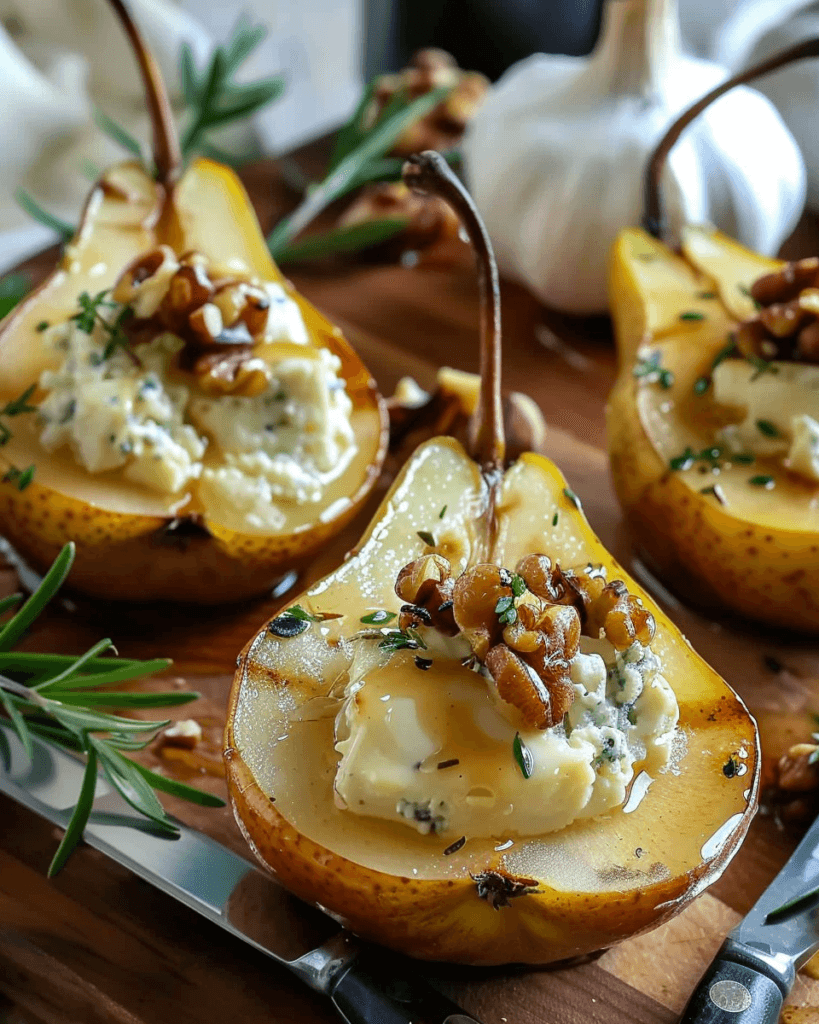 Halved pears filled with creamy blue cheese and toasted walnuts, drizzled with honey and garnished with fresh herbs on a wooden board.