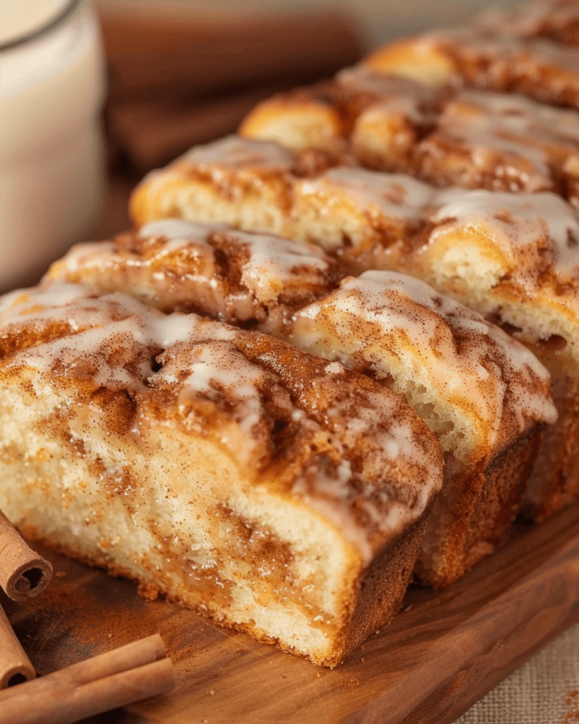 Sliced Dollywood cinnamon bread with a golden crust, swirled with cinnamon sugar, and drizzled with a sweet glaze, served on a wooden board.