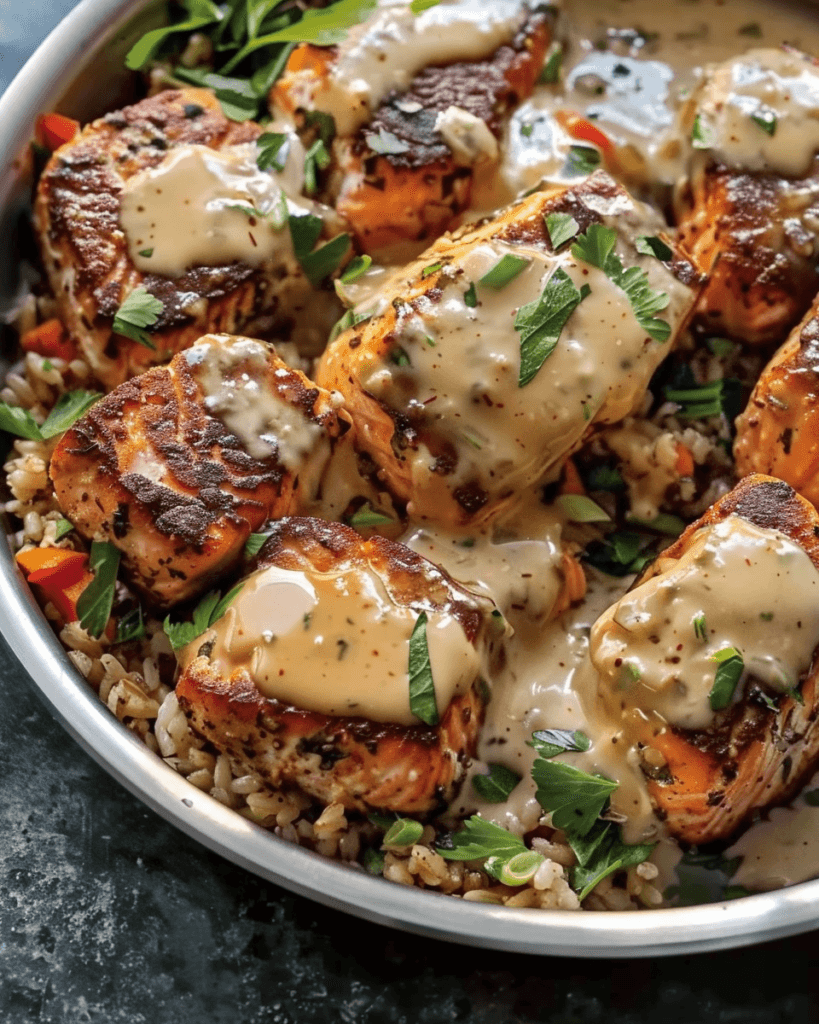 Pan-seared garlic butter salmon bites drizzled with a creamy Dijon sauce, served over a bed of seasoned rice and garnished with fresh herbs.