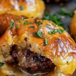 A close-up of Lovely Garlic Parmesan Cheeseburger Bombs, featuring golden, flaky dough filled with juicy beef and melted cheese, garnished with fresh herbs.