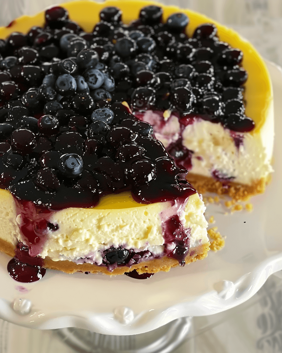 A luscious lemon blueberry cheesecake with a golden crust, creamy filling, and a glossy blueberry topping, served on a white cake stand.